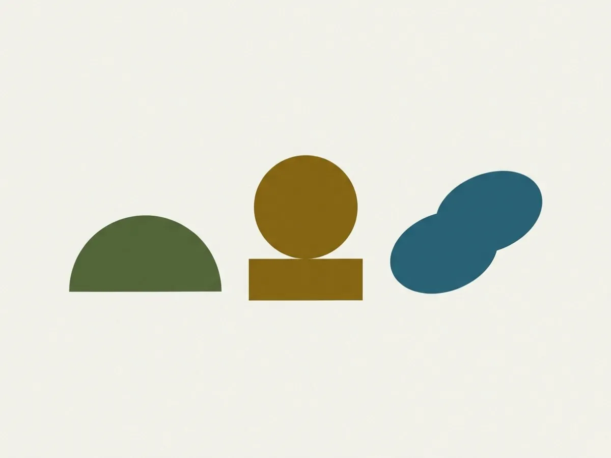Three abstract shapes: one rising, one resting, one drifting